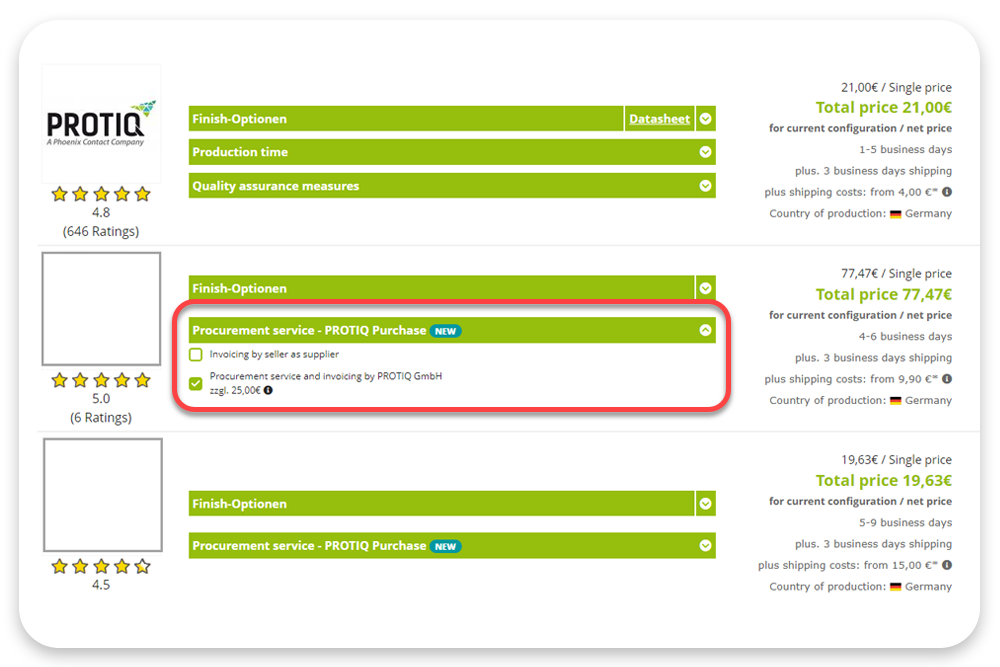 Screenshot from protiq.com: The PROTIQ Purchase service can be selected in the configurator